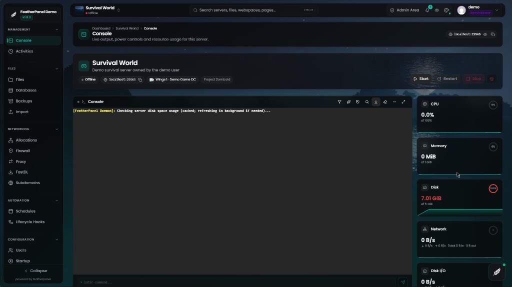 Game server console with power controls and resource usage