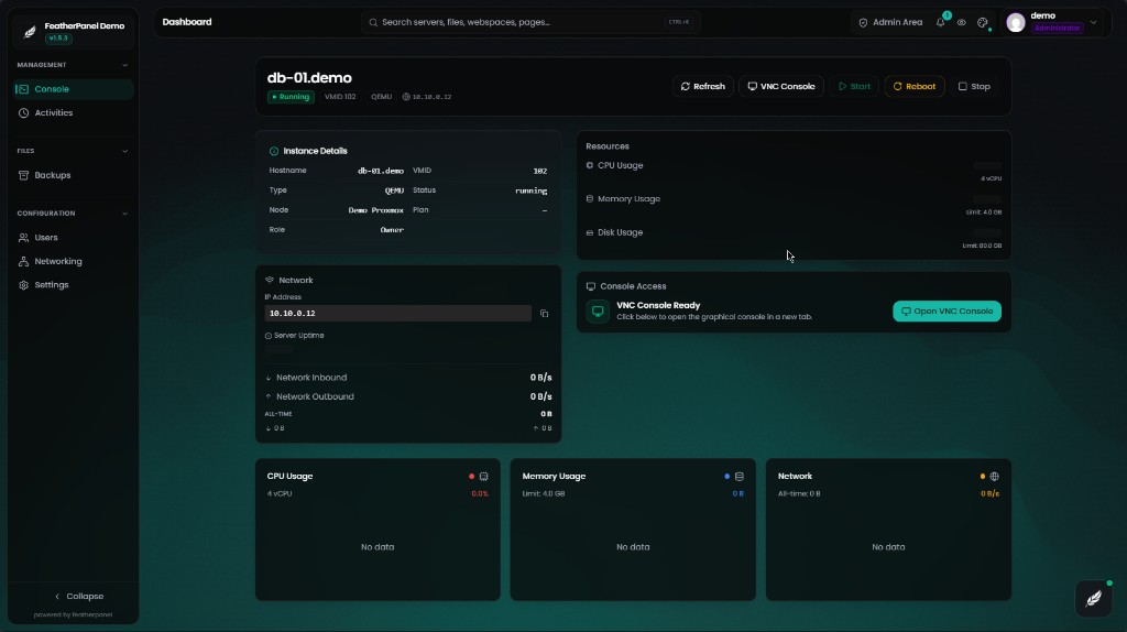 Proxmox virtual machine page with instance details, network, and VNC console