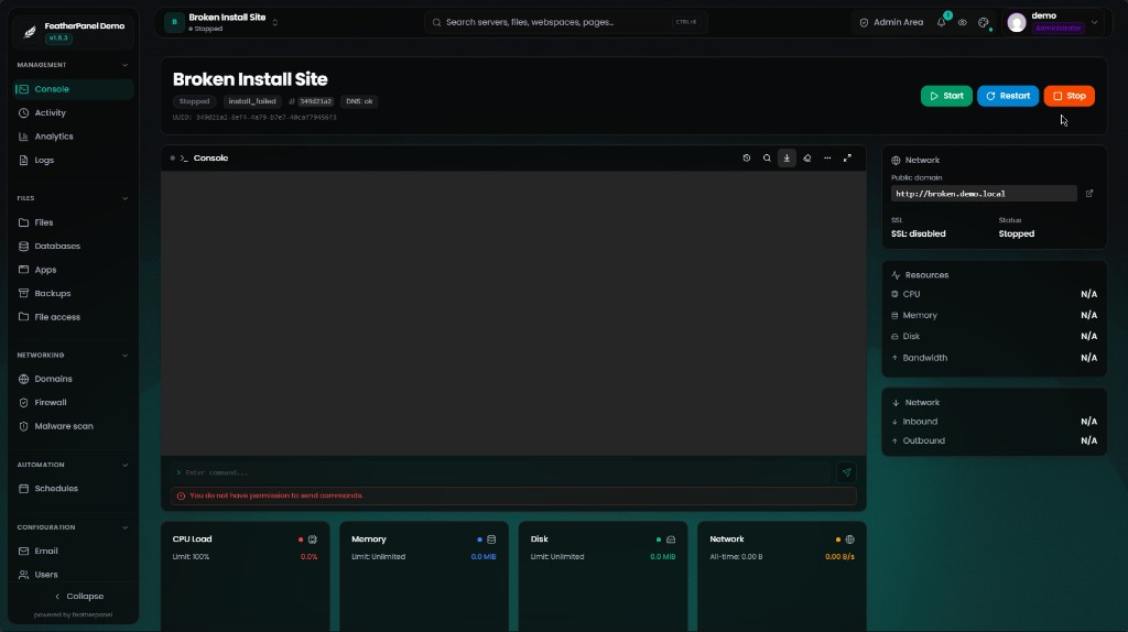 Web hosting site page with console, public domain, SSL status, and resources